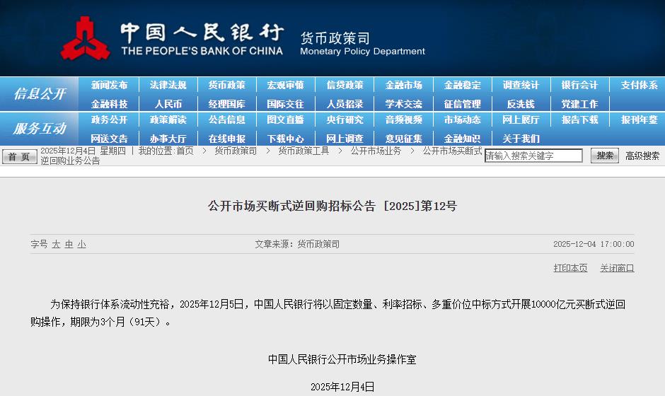 央行：12月5日将开展10000亿元买断式逆回购操作